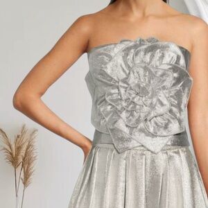 Muse by Marchesa Lotus Metallic Rosette Strapless Corset Top Sz 0 Silver NWT